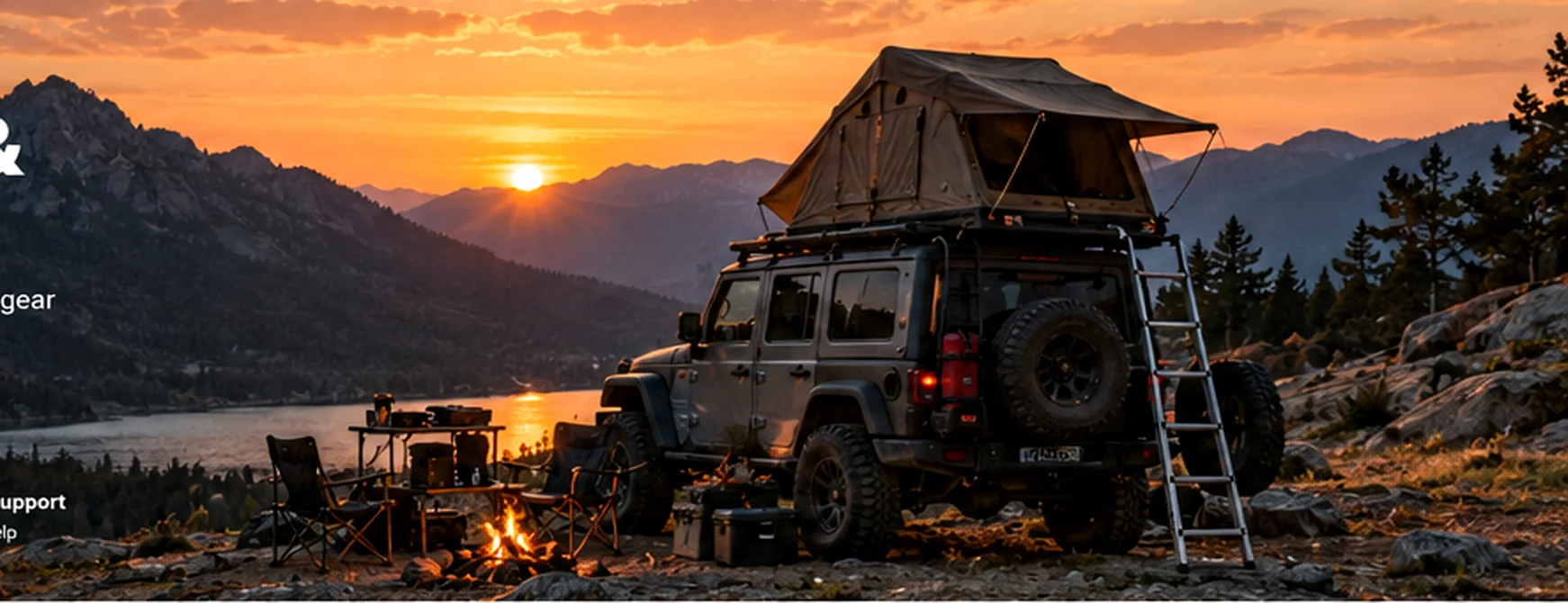 Overlanding vehicle beside a mountain lake at sunset